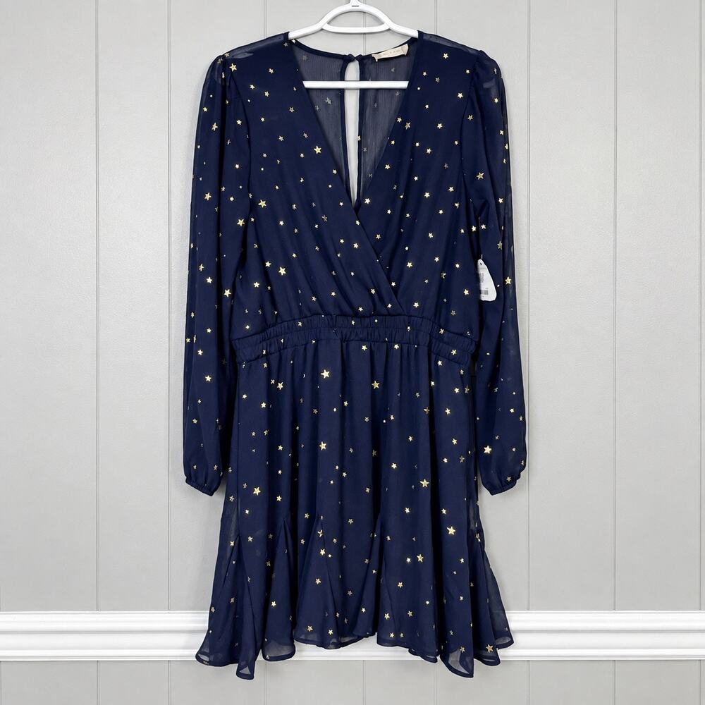 Dress Large Navy Gold Star Chiffon Long Sleeve Fit Flare Mini Altar’d State